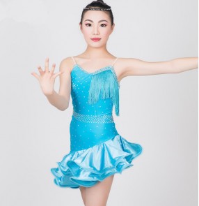 Turquoise sky blue neon green red  rhinestones fringes backless sleeveless girls kids children competition performance professional latin dance dresses 